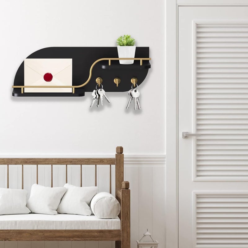 Karisky Key Holder for Wall, Decorative Key and Mail Organizer with 3 Metal Hooks and 2 Shelves, Wood Wall Mounted Key Rack for Entryway, Black - Image 4